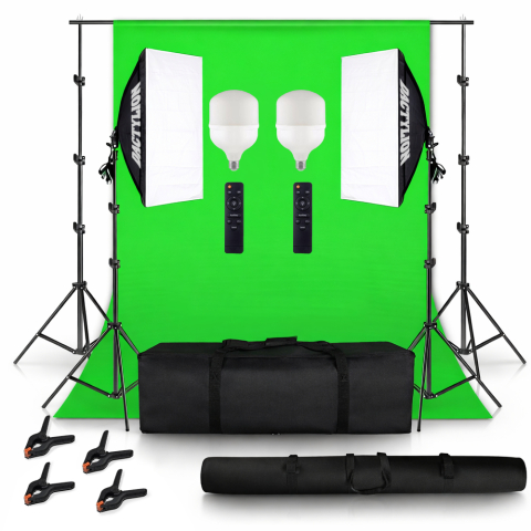 ECHIPAMENTE FOTO - Set studio iluminare cu 2 softbox, 2 becuri 150W, green screen, clame pentru panza, geanta transport si geanta pentru panza