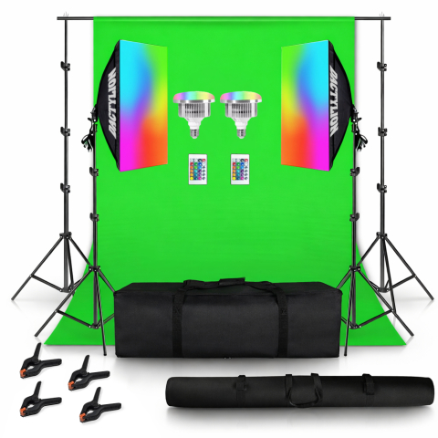 ECHIPAMENTE FOTO - Set studio iluminare cu 2 softbox, 2 becuri 45W RGB , green screen, clame pentru panza, geanta transport, telecomanda
