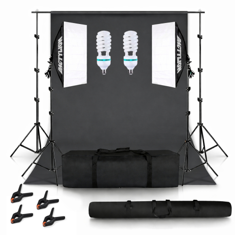 ECHIPAMENTE FOTO - Set studio iluminare cu 2 softbox, 2 becuri fluorescente spiralate 145W, black screen, clame pentru panza, geanta transport