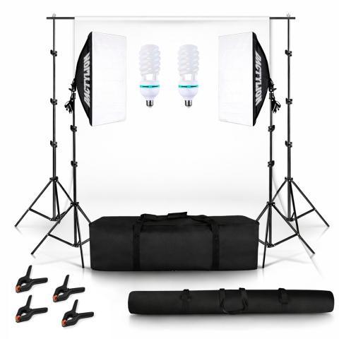 ECHIPAMENTE FOTO - Set studio iluminare cu 2 softbox, 2 becuri fluorescente spiralate 145W, white screen, clame pentru panza, geanta transport