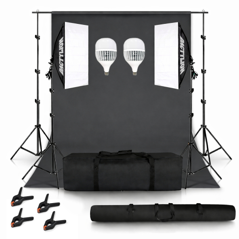 Kit studio complet - Set studio iluminare cu 2 softbox, 2 becuri LED 6400K E27, black screen, clame pentru panza, geanta transport