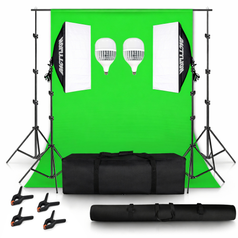 ECHIPAMENTE FOTO - Set studio iluminare cu 2 softbox, 2 becuri LED 6400K E27, green screen, clame pentru panza, geanta transport