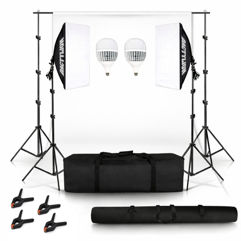 Kit studio complet - Set studio iluminare cu 2 softbox, 2 becuri LED 6400K E27, white screen, clame pentru panza, geanta transport