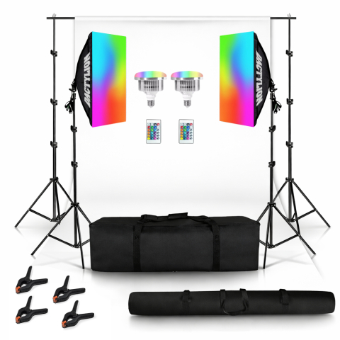 ECHIPAMENTE FOTO - Set studio iluminare cu 2 softbox, 2 becuri LED RGB 45W, white screen, clame pentru panza, geanta transport