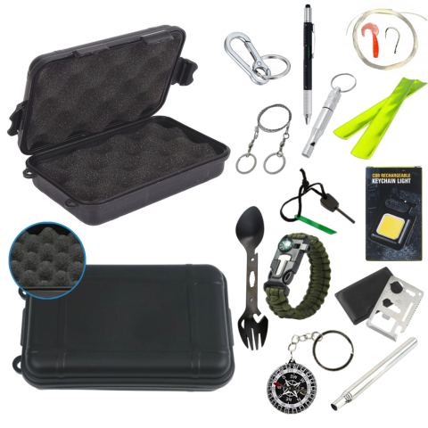 SPORT ȘI ACTIVITĂȚI - Set supravietuire multifunctional outdoor Marime M 14 accesorii cutie etansa ABS IP54 negru pentru camping si urgente