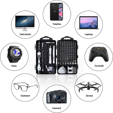 Set surubelnite de precizie 115 in 1, cu 98 biti magnetici si accesorii, maner ergonomic, extensii flexibile, pentru electronice si reparatii fine [3]