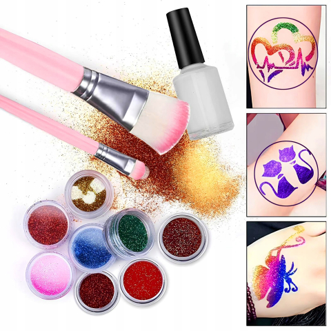 Set tatuaje cu sclipici pentru copii, 157 piese, 30 culori glitter, 120 sabloane, 5 pensule, 2 lipici, kit creativ lavabil [7]