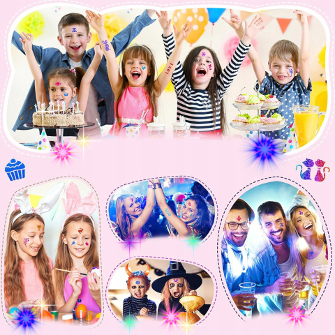 Set tatuaje cu sclipici pentru copii, 157 piese, 30 culori glitter, 120 sabloane, 5 pensule, 2 lipici, kit creativ lavabil [3]