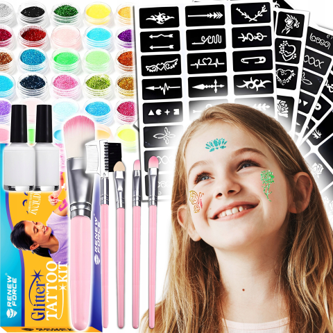 JOCURI ȘI JUCĂRII - Set tatuaje cu sclipici pentru copii, 157 piese, 30 culori glitter, 120 sabloane, 5 pensule, 2 lipici, kit creativ lavabil