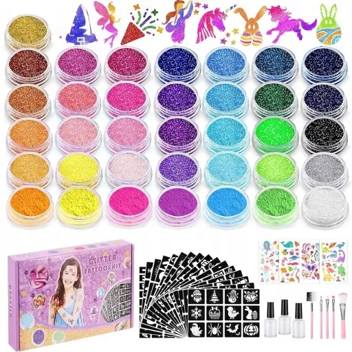 Set tatuaje cu sclipici pentru copii, 157 piese, 30 culori glitter, 120 sabloane, 5 pensule, 2 lipici, kit creativ lavabil [2]