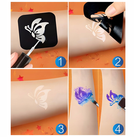 Set tatuaje cu sclipici pentru copii, 157 piese, 30 culori glitter, 120 sabloane, 5 pensule, 2 lipici, kit creativ lavabil [13]