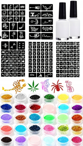 Set tatuaje cu sclipici pentru copii, 157 piese, 30 culori glitter, 120 sabloane, 5 pensule, 2 lipici, kit creativ lavabil [8]