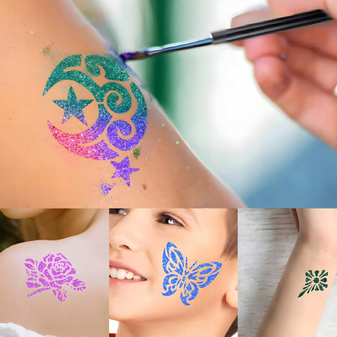 Set tatuaje cu sclipici pentru copii, 157 piese, 30 culori glitter, 120 sabloane, 5 pensule, 2 lipici, kit creativ lavabil [10]