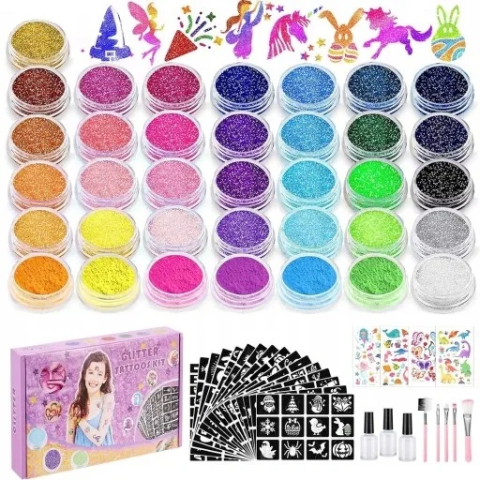 Set tatuaje temporare cu sclipici pentru copii, 30 culori glitter, sabloane reutilizabile, accesorii complete, kit XXL creativ 157 piese [2]