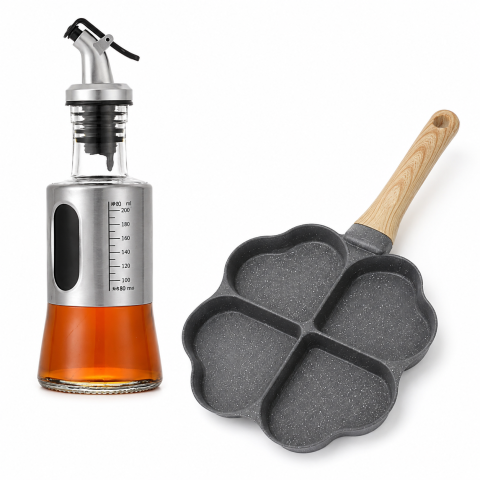 CASA & GRADINA - Set tigaie 4 compartimente inima + pulverizator ulei 200 ml, pentru oua, clatite si pancakes, maner aspect lemn