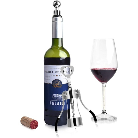 Set tirbuson profesional vin cu parghie din otel inoxidabil, dop sticla reutilizabil, accesoriu deschidere sticle, argintiu [11]