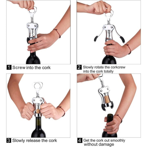 Set tirbuson profesional vin cu parghie din otel inoxidabil, dop sticla reutilizabil, accesoriu deschidere sticle, argintiu [3]