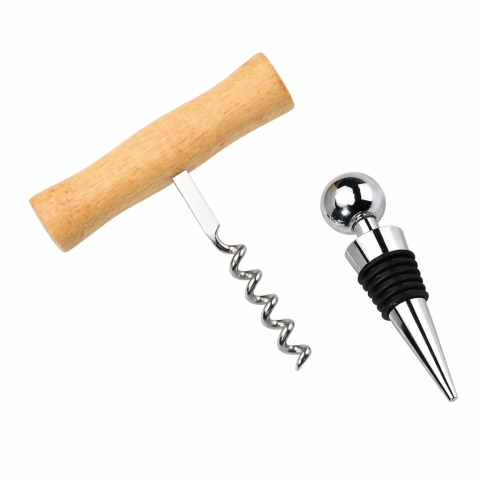 CASA & GRADINA - Set tirbuson tip T 9 cm, desfacator sticle, spirala inox, dop vin cu silicon reutilizabil, argintiu