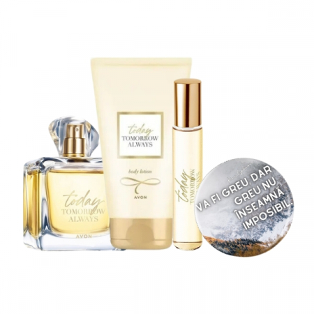 Parfumuri femei - Set Parfum 100ml, mini apa 10ml, lotiune de corp 150ml si insigna Dactylion cu mesaj motivational, Today