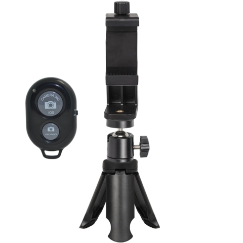 ECHIPAMENTE FOTO - Set trepied de masa 8.5 cm cu cap de bila metalic 360°, suport telefon extensibil rotativ landscape–portret 5.5–10 cm si telecomanda bluetooth, montura 1/4 inch