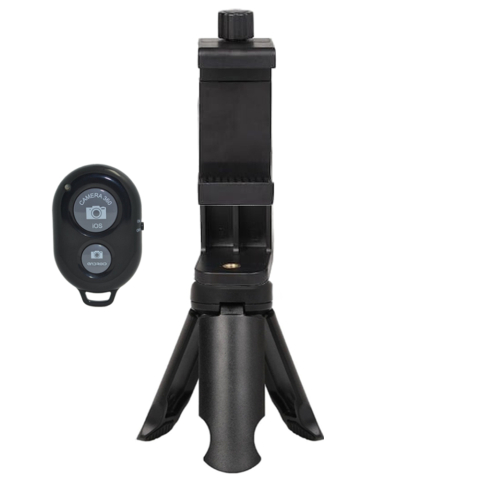 ECHIPAMENTE FOTO - Set trepied de masa 8.5 cm cu suport telefon rotativ landscape–portret 5.5–10 cm si telecomanda bluetooth universala, filet 1/4, ABS negru