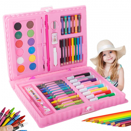 Set pictură și desen - Set,trusa completa pentru copii,desenat,colorat si pictat,68 piese,trusa inclusa - Roz