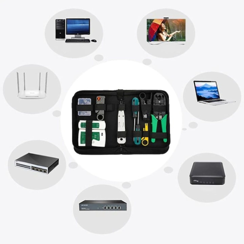 Set Unelte Retea HandyTools Dodaco cu Tester RJ45/RJ11, Cleste Sertizare 4/6/8P, 10 Mufe RJ45, 9 Piese, Etui Compact [1]