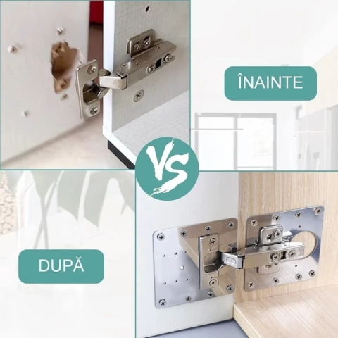 Set universal pentru consolidarea balamalelor de mobilier, 4 placi inox 9 x 9 cm, reparatie rapida pentru dulapuri si usi [12]
