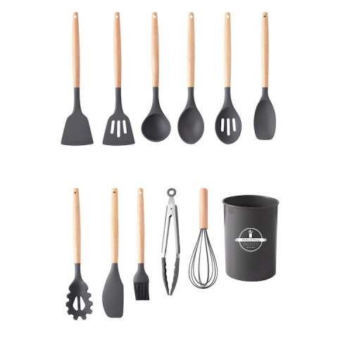 Set ustensile bucatarie, 12 piese, lemn si silicon alimentar, termorezistente, antiaderente [1]