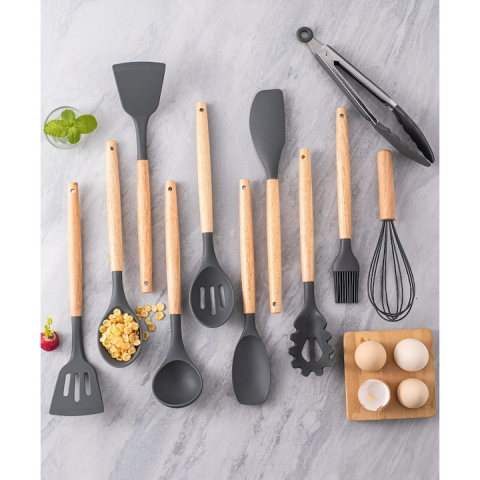 Set ustensile bucatarie, 12 piese, lemn si silicon alimentar, termorezistente, antiaderente [3]