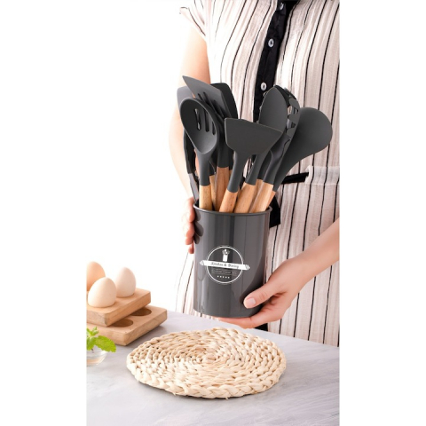 Set ustensile bucatarie, 12 piese, lemn si silicon alimentar, termorezistente, antiaderente [6]