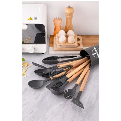 Set ustensile bucatarie, 12 piese, lemn si silicon alimentar, termorezistente, antiaderente [4]