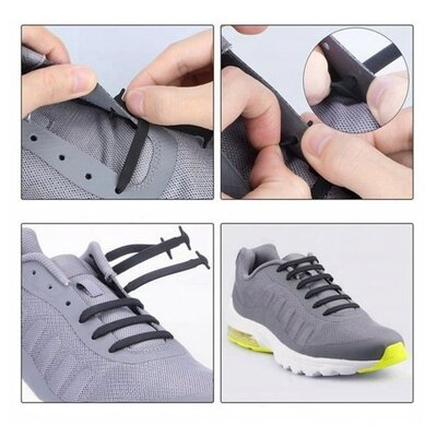 Sireturi negre din silicon, 16 bucati, elastice fara nod si legare, sistem no-tie pentru incaltare rapida, fixare confortabila, pantofi sport, casual si sneakers [3]