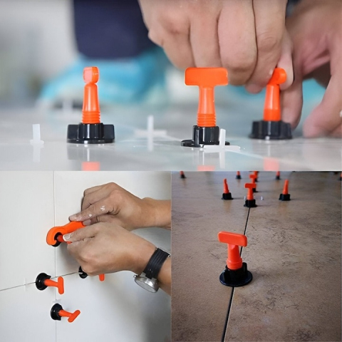 Sistem de nivelare pentru placi ceramice, set complet 152 piese, tije refolosibile, distante 1–3 mm, 2 chei incluse, ideal pentru gresie, faianta si piatra naturala [8]