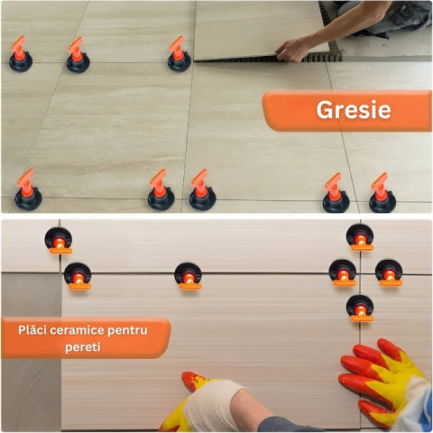 Sistem de nivelare pentru placi ceramice, set complet 152 piese, tije refolosibile, distante 1–3 mm, 2 chei incluse, ideal pentru gresie, faianta si piatra naturala [4]