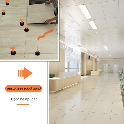 Sistem de nivelare pentru placi ceramice, set complet 152 piese, tije refolosibile, distante 1–3 mm, 2 chei incluse, ideal pentru gresie, faianta si piatra naturala [5]