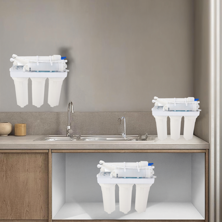 Sistem filtrare apa alb 36.5 x 38 cm, cu osmoza inversa, 3 carcase filtrante, membrana RO, robinet separat, pentru montaj sub chiuveta [2]