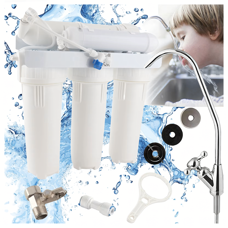 Sistem filtrare apa alb 36.5 x 38 cm, cu osmoza inversa, 3 carcase filtrante, membrana RO, robinet separat, pentru montaj sub chiuveta [9]
