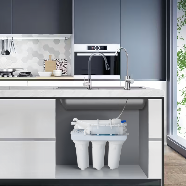 Sistem filtrare apa alb 36.5 x 38 cm, cu osmoza inversa, 3 carcase filtrante, membrana RO, robinet separat, pentru montaj sub chiuveta [3]