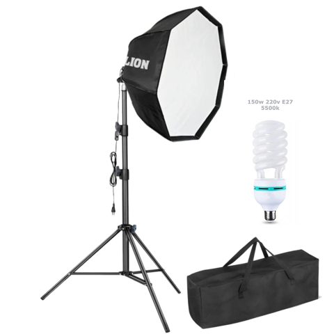 Softbox-uri - Sistem Profesional de Iluminat Single: Softbox Parabolic Octogonal, Bec 150W 5500K, Stativ Aluminiu 200 cm, Geanta de Transport inclusa