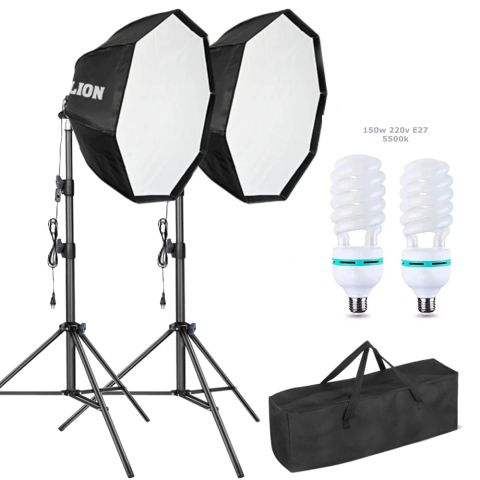 ECHIPAMENTE FOTO - Sistem Profesional de Iluminat Studio 2 x Softbox Parabolic Octogonal, 2 x Bec 150W 5500K, 2 x Stativ Premium 200 cm, Geanta de Transport Inclusa