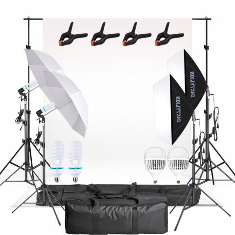 Kit studio complet - Sistem studio foto profesional cu fundal alb, 2 softboxuri, 2 umbrele, 2 becuri fluorescente 150W si 2 LED 150W alb 5500K, stative 200 cm si genti transport