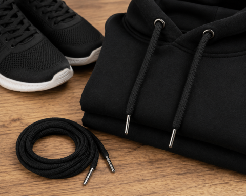 Snur textil negru pentru hanorac si pantaloni trening, siret rotund din bumbac cu terminatii metalice pentru gluga, jachete si incaltaminte, 130 cm [1]