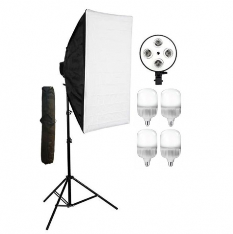 ECHIPAMENTE FOTO - Softbox cu soclu de 4 becuri, trepied reglabil 200 cm, 4 becuri LED de 25W, geanta de transport inclusa