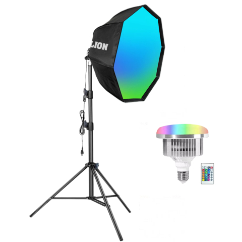 Softbox-uri - Softbox octogonal 65cm cu bec RGB 45W E27, stand reglabil 200cm si husa transport