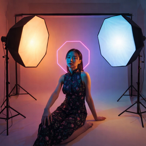 Softbox octogonal 65cm cu bec RGB 50W E27, stand reglabil 200cm si husa transport [3]