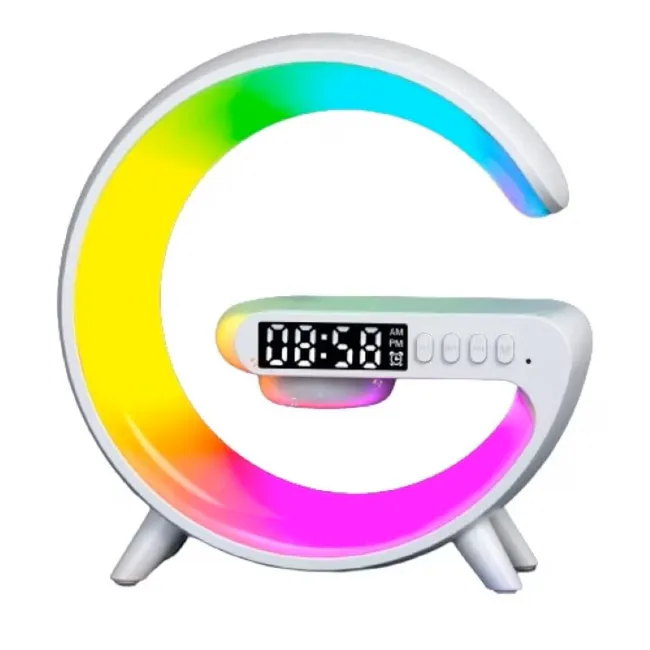 ELECTRONICE - Statie multifunctionala 3 in 1 cu incarcare wireless rapida 15W, boxa Bluetooth, lampa ambientala LED RGB, ceas digital si alarma, alba