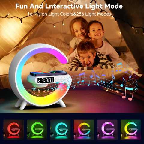 Statie multifunctionala 3 in 1 cu incarcare wireless rapida 15W, boxa Bluetooth, lampa ambientala LED RGB, ceas digital si alarma, alba [2]