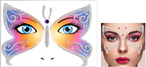 Sticker temporar decorativ pentru fata, model Fluture Glitter, autocolant pentru machiaj festival, carnaval, Halloween si petreceri tematice, 12.8 x 12 cm, Multicolor [2]