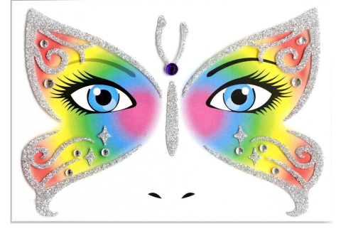 COSMETICE - Sticker temporar decorativ pentru fata, model Fluture Glitter, autocolant pentru machiaj festival, carnaval, Halloween si petreceri tematice, 12.8 x 12 cm, Multicolor